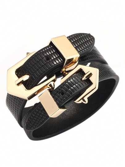1pc Punk Style Snake Skin Design Double Buckle Bangle Bracelet, Suitable For Fashionable Clothing & Jewelry