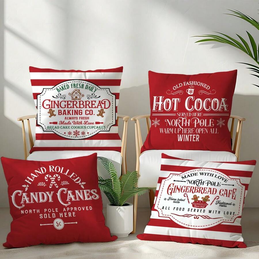 4 Stücke Weihnachts-Minimalist Lebkuchenmann Thema Kissenbezug Set, einseitig bedruckter Pfirsich Samt Polyester Material, 45*45CM Kissenbezug für moderne Stoffcouch Inneneinrichtung, Party Dekoration, Geschenk