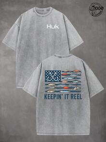 230G Wash Cotton High-Quality Cotton Printed T-Shirt, HUK, Fishing, Flag Design, Fishing T-Shirt, Fun T-Shirt, Men's Summer Round Neck Short Sleeves, Suitable For Retro Street Retro And Outdoor Sports And Leisure, Simple, Unisex, Daily Y2K Style Outfit, Fishing Enthusiast, Perfect Gift - Xám - Xem 1