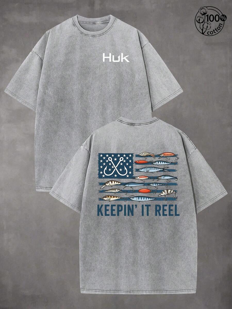 230G Wash Cotton High-Quality Cotton Printed T-Shirt, HUK, Fishing, Flag Design, Fishing T-Shirt, Fun T-Shirt, Men's Summer Round Neck Short Sleeves, Suitable For Retro Street Retro And Outdoor Sports And Leisure, Simple, Unisex, Daily Y2K Style Outfit, Fishing Enthusiast, Perfect Gift - Xám - Xem 1