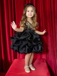 Gold Sequin Black Mesh Elegant Party Dress, Princess Gown Suitable For Girls Birthday Party, Flower Girl Wedding, Prom, Easter, Graduation - Black - View 2