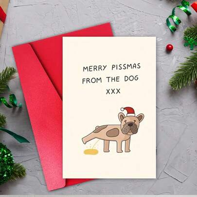 1pc, Christmas Time Card, Merry Christmas Card, Happy Pissmas Pun Christmas Card, Funny Dog Christmas Card, For Friend Family