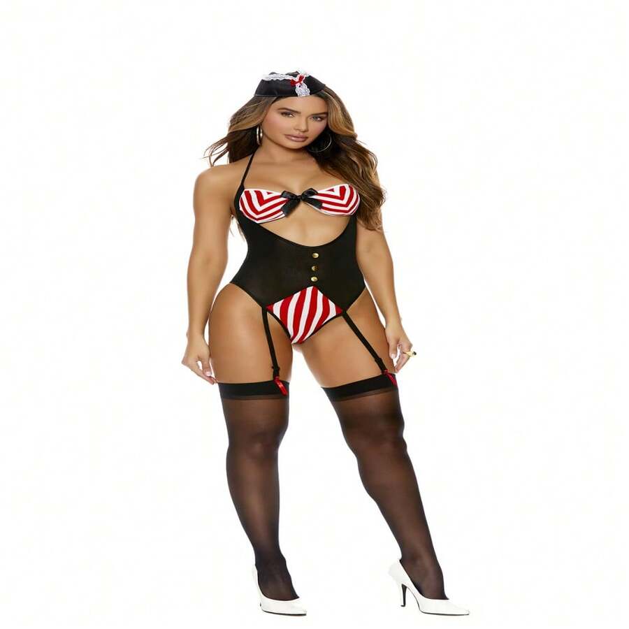 Elegant Moments Treasure Hunter - Halter Neck Teddy With Attached Garters And Hat - Black - View 1