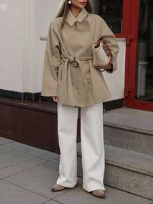 Women's New Design Casual Elegant Trench Coat, Mid-Length Jacket With Tie Waist, Long Sleeve, Vintage Thin Outerwear For Commuting, Autumn/Winter