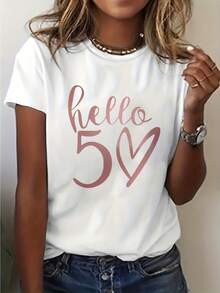 Women's 50th Birthday Hello 50 Heart Print T-Shirt - Soft Stretchy Fabric, Casual Crew Neck Short Sleeve Top For Summer &Amp; Spring, Machine Washable White Tee With Pink Lettering, Ladies Tshirts, Spring Fashion, Playful Design, Easy Care, Printed S - White - View 1