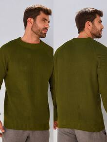 Baronesa Tricot Men's Ribbed Knit Sweater Premium Casual Boat Neck Sweater - Army Green - View 2