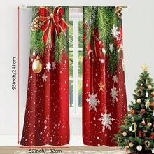 ستارتان لنافذة عيد الميلاد - مزينتان بنقوش أشجار صنوبر خضراء وحمراء، مزينتان بنجوم وفيونكات ذهبية وثلوج، مثالية للغرفة المعيشية والنوم والمطبخ والحمام. تتميز الستائر بتصميم جيب القضيب لحماية الخصوصية، خيار مثالي للغرفة المعيشية. - متعدد الألوان - مشاهدة 13