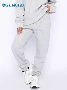 GEMCHO 女士涤纶运动裤，带口袋，针织面料略带弹性，休闲跑步慢跑裤，适合所有季节 - 灰色 - 查看 5