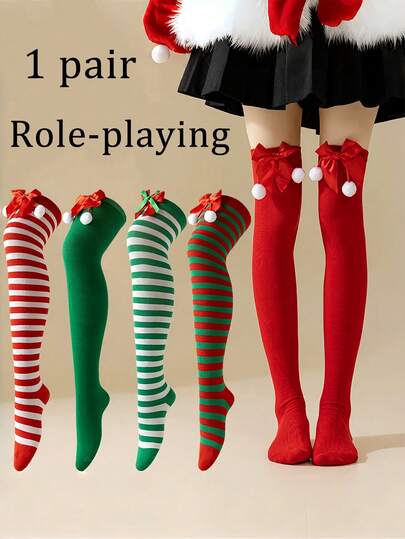 1 par de calcetines navideños, calcetines de cosplay navideño. Calcetines largos a rayas. Estilo elástico, estirables libremente. Calcetines hasta la rodilla. Calcetines navideños de lana.