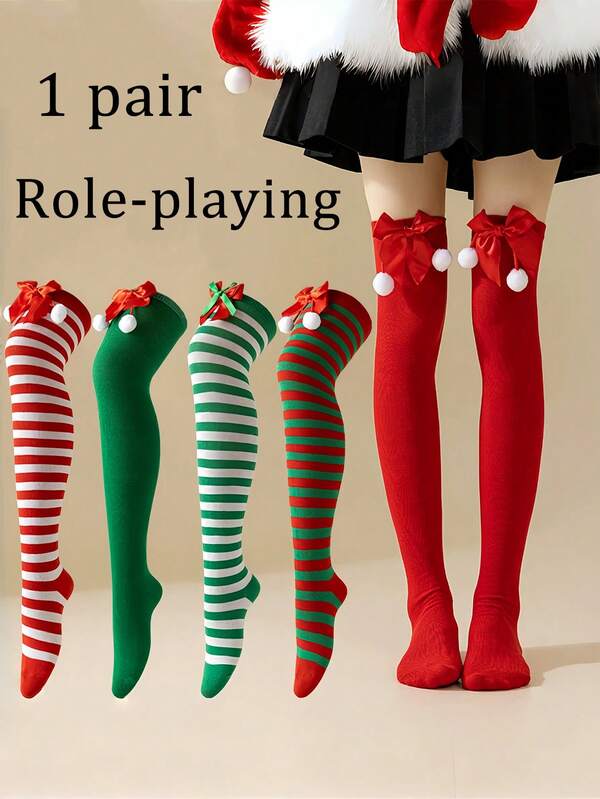 A Pair Of Christmas Stockings, Stockings For Christmas Role-Playing. Long Striped Leg Socks. Elastic Style, Freely Stretchable. Knee-High Socks. Woolen Christmas Stockings.