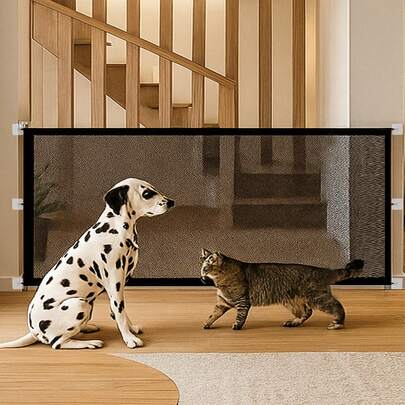 1 件宠物围栏、便携式折叠式网门、门隔离栅栏、网状门挡、免打孔阳台隔离网、室内屏障防护栅栏、用于楼梯门、阳台、室内外、可调节、便携式、易于安装、宠物楼梯屏障、透明窗、宠物保护、宠物门、狗门、宠物栏杆、狗网（适合小型犬）