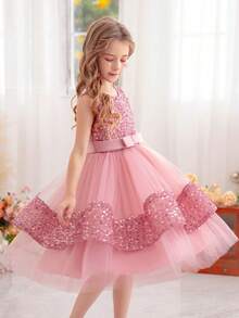 女孩粉色蝴蝶结亮片圣诞派对薄纱连衣裙，公主裙适合生日派对、晚会、婚礼花童、节日庆典