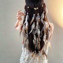 女士发带吸汗羽毛头饰波西米亚嬉皮风头带羽毛头饰可调节头带羽毛头饰，适合女士和女孩佩戴，时尚发饰发带秋季配饰秋冬度假装扮女士优雅围巾女士头巾柔软头巾夏季波西米亚风假日必备配饰 - 彩色 - 查看 8