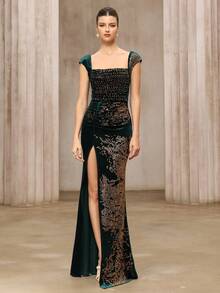 Women's Elegant Luxurious Velvet Rhinestone Ruched Slit Backless Tie Bodycon Fishtail Hem Party Evening Gown, Suitable For Special Occasions, Autumn Dress, Formal Banquet Dress - Dark Green - View 3