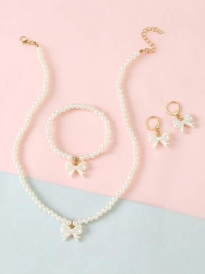 4pcs/Set Girls Pearl Beaded Butterfly Necklace, Bracelet, Earrings Jewelry Set, Suitable For Daily Decoration
