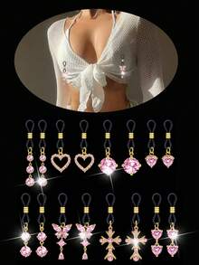 2 Pcs Pink Rhinestone Heart,Star,Butterfly,Cross Fake Nipple Rings For Women, Nipple Nipple Jewelry Non Piercing Dangle Nipple Ring, Non Pierced Nipple Body Jewelry