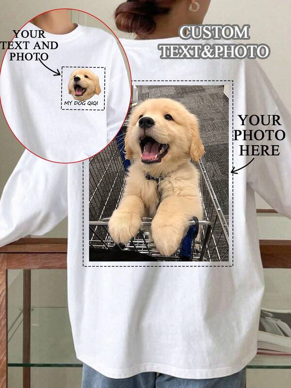 Customized Personalized Gifts, Customized Women's T-Shirts, Add Your Text And Photo (Badge Pattern/Company Logo/Family Photo/Selfie/Pet/Couple Photo), Design Your Own Personalized Printed T-Shirt (Reversible) As A Gift For Girlfriends. Ideal Gift For Family, Friends For Anniversary, Mother's Day, Birthday White Spring, Elevated Athleisure