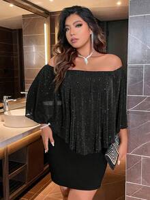 Plus Off Shoulder Cloak Sleeve Bodycon Dress - Black - View 3