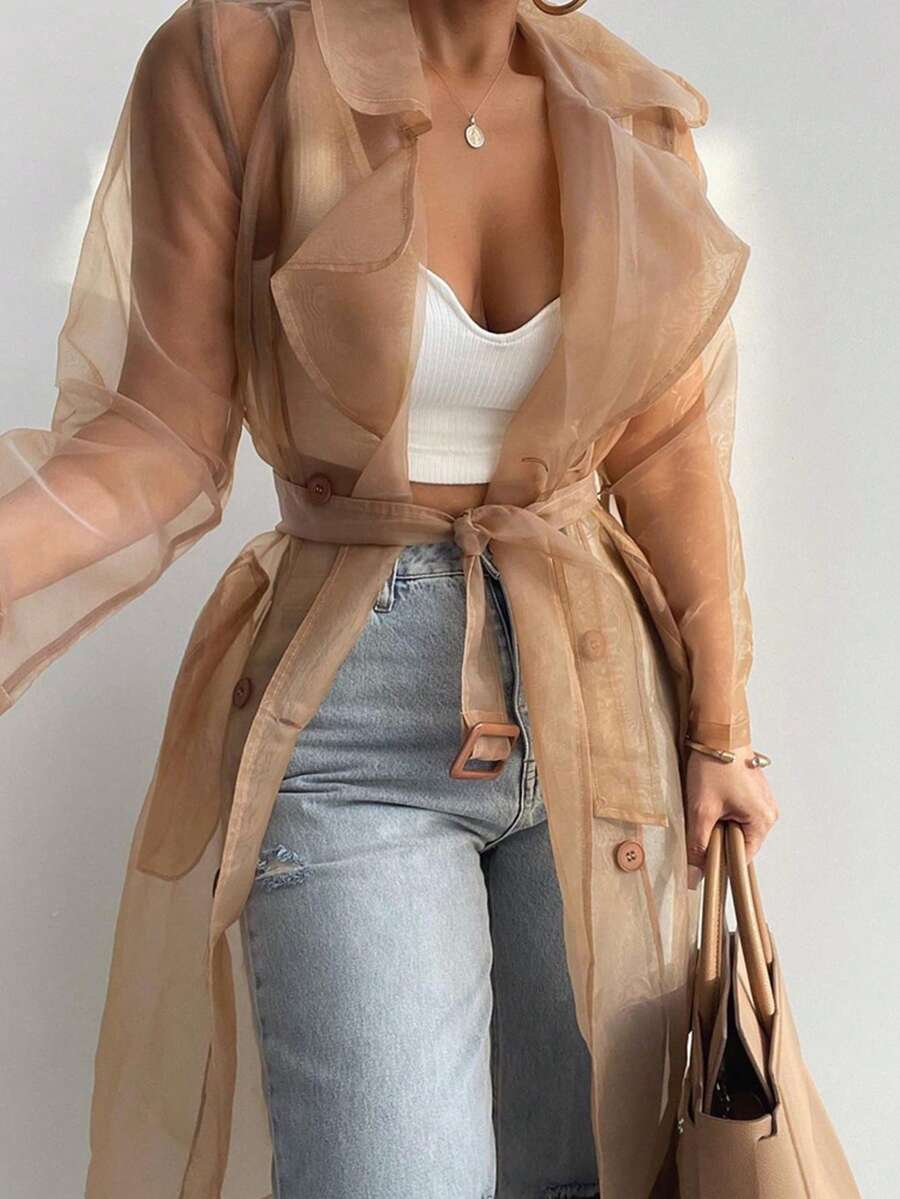 ChicMe Sheer Mesh Long Windbreaker - Women's Transparent Tie-Front Jacket, Creating Fashionable Street Style And Layered Urban Travel Looks - Apricot - View 1