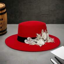 Womens Fedora Hat Stylish Elegant Decorative Flower Panama Hat Wide Flat Brim Jazz Cap - 紅色 - 查看 4