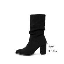 Women's Chunky Heel Piled Pile Pointed Toe Faux Suede Slim Fit Knee-High Boots, New Autumn/Winter Mid-Calf Equestrian Riding Boots - Black - View 9