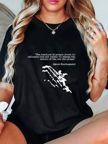 100% Cotton Prayer And Faith Quote Kierkegaard Praying Gift T-Shirt Women's Men's Summer Comfort Soft Crew Neck Tee Tops - 黑色 - 查看 1