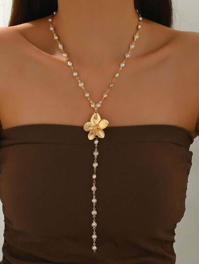 1pc Luxury Design Pearl Embellished Y-Shaped Long Necklace, Elegant Gold 3D Floral Decor Jewelry For Women, Suitable For Daily Wear, Parties, Festivals. Chain Length Can Be Customized.