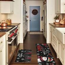 Covoraș de Crăciun 1/2 buc, fundal negru clasic de lux, împodobit cu fulgi de zăpadă albi, covoraș de bucătărie cu model drăguț de om de zăpadă și glob de Crăciun roșu, decorațiune de Crăciun, potrivit pentru decorarea petrecerilor, baie, bucătărie și spălătorie, bucătărie de acasă, utilizare în interior și exterior, decorare interioară