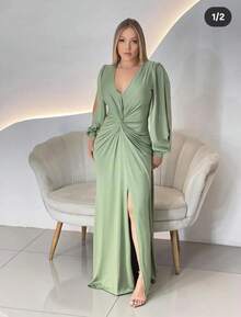 Long Sleeve Dress With Fluity Slit And V-Neckline - 綠色 - 查看 1