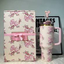 40 OZ New Fashionable Bow Ribbon Stainless Steel Insulated Cup, Large Capacity Insulated Cup, Travel Iced Coffee Cup, Summer Beverage Cup, Suitable For Hot And Cold Drinks. The New Large Capacity Stainless Steel 40oz Straw Cup Can Keep Hot And Cold Water Warm, Freeze Beverages, Has A Beautiful Appearance And Exquisite Craftsmanship, Suitable For Sports, Cycling, Gym, Camping, Work, And Indoor Use. - 粉色 - 查看 5