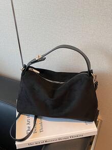 1 件女士新款新月手提包，时尚简约绒面革托特包，适合秋冬约会、送礼、通勤、购物 - 黑色 - 查看 6