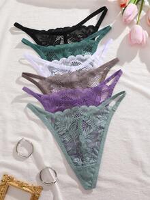 6件套女士蕾丝透气性感丁字裤套装 - 彩色 - 查看 2