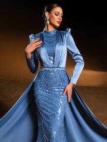 Faeriesty 优雅晚礼服，小巧的半高领设计，公主风侧拖尾，美人鱼式珠饰亮片点缀，适合婚礼招待会及女士正式派对穿着。 - 霧霾藍 - 查看 2