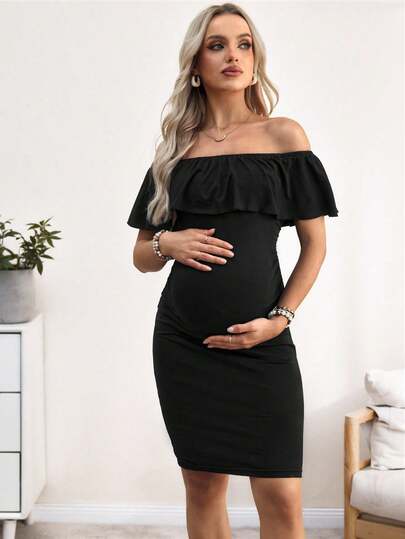 Vestidos de maternidad elegantes y casuales de unicolor con volantes en el bajo/abertura con volantes para uso diario