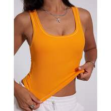 Women Rib Tank Top Padded Workout Top Square Neck Crop Tank Fitted Basic Cami Tops - Neon Marigold - View 5