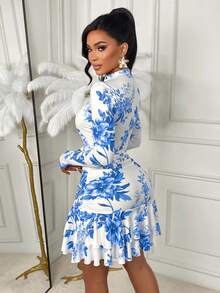 Amarilo Sexy & Elegant Floral Print Hollow Out Mini Dress For Women - Hoa màu xanh trên nền trắng - Xem 3