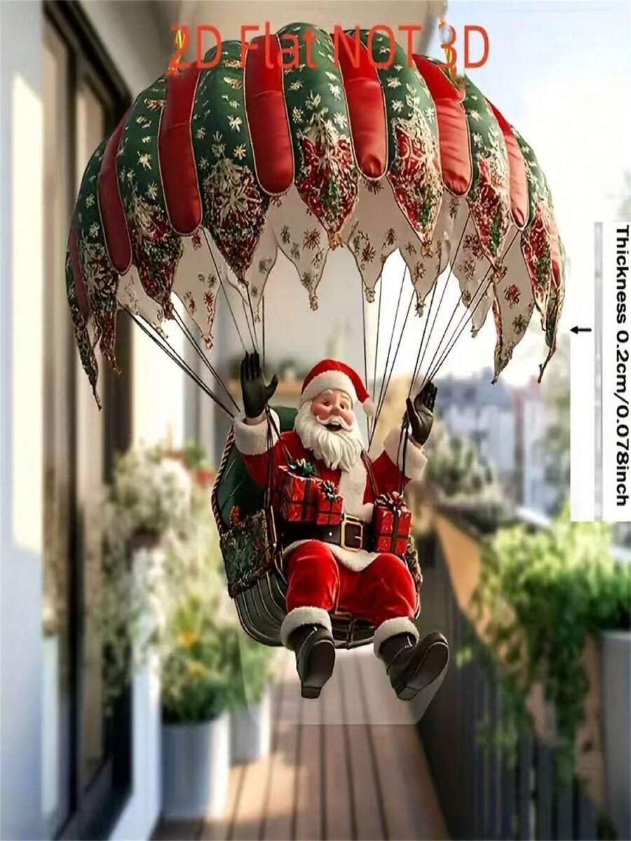 2D Flat, 2D Flat Printing, 1pc Santa Claus Parachute Acrylic Hanging Decor, Perfect Gift For Window, Bedroom, Living Room, Office, Creative Christmas Decoration, Ideal For Friends, Family, Housewarming, 2D Flat Halloween And Christmas Decor