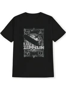 Men'S  Graphic T-Shirt - Vintage Rock Logo & Album Art Print, Casual Round Neck Short Sleeve Tee For Concerts, Concert Outfit, Music Lover Apparel, Comfortable Fit, Music Enthusiasts - Black - View 2