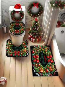 1/3/4 Stücke Weihnachts Duschvorhang Set, Weihnachts Schleife und Geschenk Muster bedruckter Badezimmer Fenster Duschvorhang Set, Badezimmer Set beinhaltet rutschfeste Badematte, U-förmige Toilettenvorleger, Toilettendeckel Abdeckung und Duschvorhang Zubehör, geeignet für Badezimmer Dekoration, Heimdekoration und Duschdekor, Feiertags Geschenk, Feiertags Dekoration, Weihnachtsdekoration