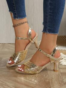 2025 Neue Pailletten-Oberteil glänzende & bequeme Damenhochabsatzschuhe. Offene Zehenform. Modische Strandparty Damenhochabsätze. Silberne Hochabsätze. Goldene Hochabsätze. - Gold - Übersicht 6