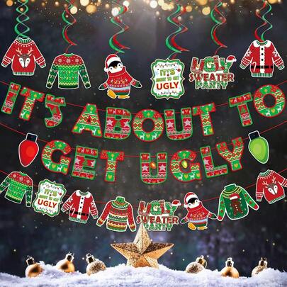 即将变得丑陋的横幅和丑陋的毛衣挂饰，丑陋的毛衣派对装饰，丑陋的毛衣装饰，丑陋的圣诞毛衣装饰，圣诞派对装饰