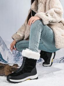 Women's Winter Snow Boots With Fleece Lining, Thickened TPR Sole, Warm Fleece Lining, And Round Toe Design. Suitable For Outdoor Snow And Hiking Scenarios. These Hiking Boots Combine Functionality And Style, Featuring A Fabric Lining For Winter Footwear. - 黑色 - 查看 3