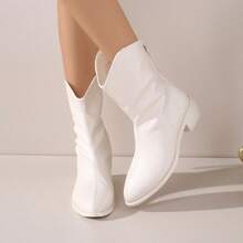 Vintage Elegant Sweet & Cool Black And White Pointed Toe Mid-Calf Boots For Women, High-Quality Soft Leather, Minimalist Design, Versatile For Daily Wear, Dates, Commuting, Parties, Suitable For Autumn/Winter Outfits Like Coats And Dresses, Perfect For Valentine's Day, Christmas, Halloween, Graduation Season