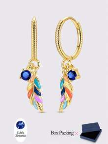 1 Pair Original 925 Sterling Silver Bohemia Style Women Hoop Earrings Golden Color Colorful Feathers Shape Blue Cubic Zirconia Elegance Earrings Jewelry Gifts Fits Daily Party Shopping Wear
