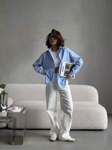 Women's Oversized Striped Light Blue Office Shirt,Women's Korean Style Blouse - Vertical Stripes, Long Sleeve Office & Daily Wear Blue/White Horizontal Stripes Classic Button Front Shirt, Loose Fit Button-Up Top, All-Season Casual Formal Wear, Versatile Fabric, Retro Collar Design, Durable Fabric, Workwear, Breathable Material, Professional Women's Shirt, Women's Blouse