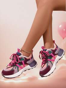 Women's Fashion Color Block Breathable Lace-Up Round Toe Sneakers, Chunky Sneaker
