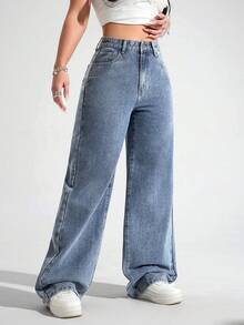 Jeans que sobreviven a 10 tacos al pastor Mezclilla Anchos Jeans Pierna acampanados Talla Grande para Mujer Cintura Alta Elásticos Pantalones Larga Duración y Suelta - Azul - Ver 6