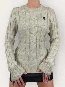 Women's Casual Cable Knit Embroidered Logo Crew Neck Sweater, Retro Style Minimalist Design For Autumn/Winter