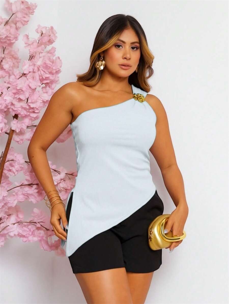 Women's One Shoulder Tank Top With Flower Buckle Summer Fashion Stylish - 白色 - 查看 1