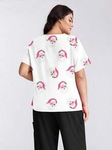 cimmuovere Plus Size Damska koszulka z dekoltem w serek i krótkim rękawem, z nadrukiem Świętego Mikołaja, z nadrukiem, do pielęgniarstwa, odzież robocza, do dentysty, dla zwierząt, do szpitala, laboratorium